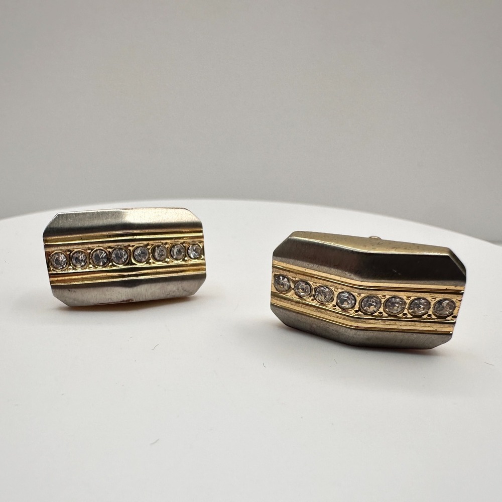 Vintage 90s Gold Tone Rhinestone Cufflinks Classic Men's Jewelry